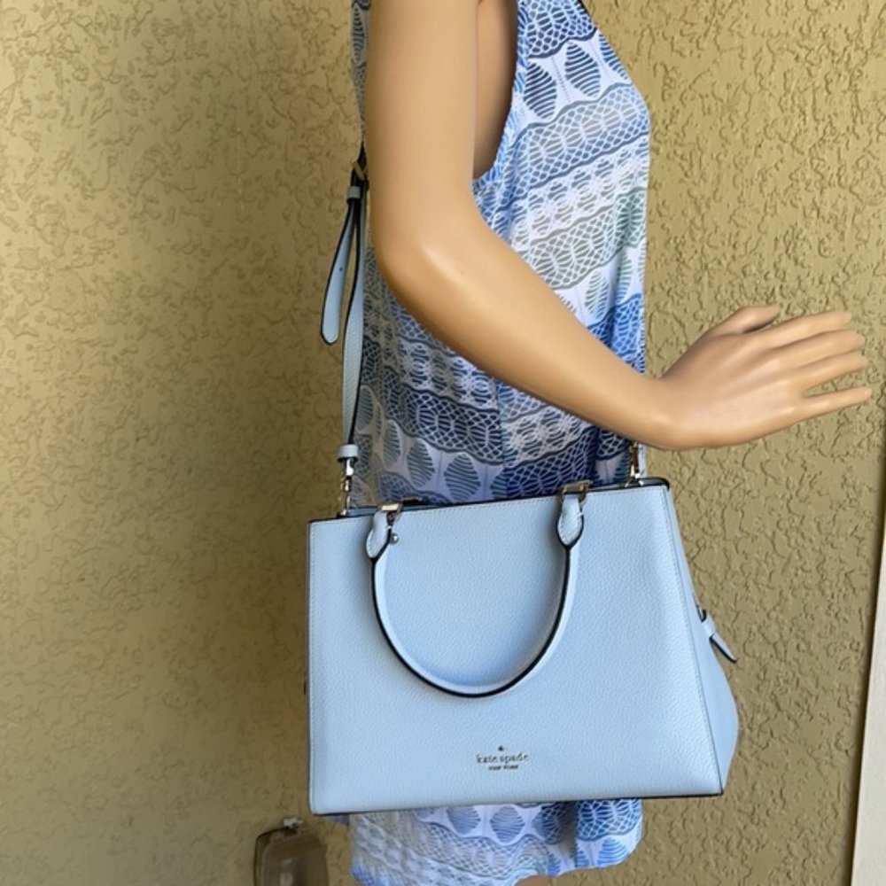 Kate Spade Leila Medium Triple Compartment Satchel Pebbled Leather Ocean Fog - Picture 15 of 16